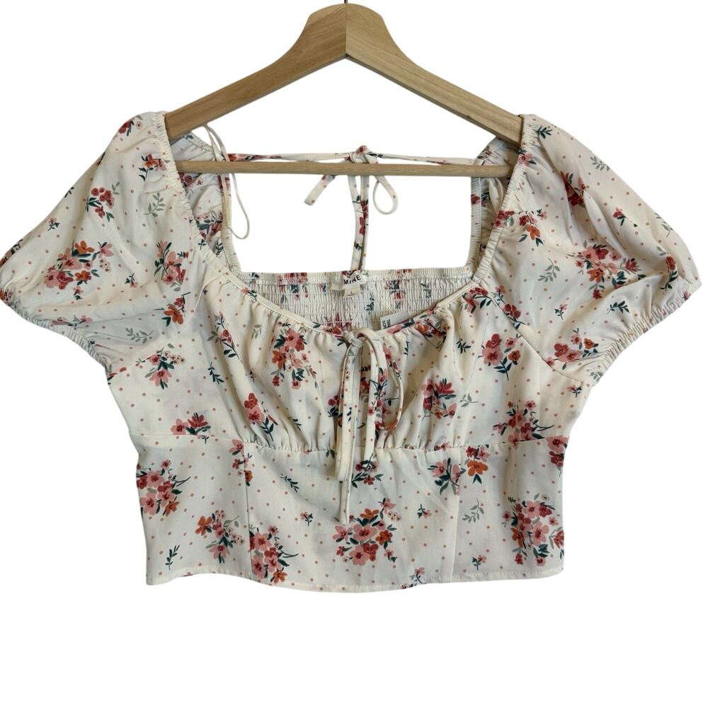 Cottage‎ Core Crop Top Women LG Floral Tie Smock Milk Maid Feminine Prairie Mine